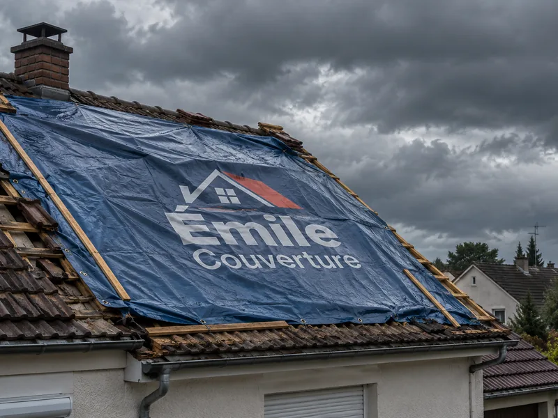 Toiture partiellement découverte et bâchée en attendant la réparation